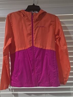 Columbia Girls YL Orange & Magenta Hooded Colorblock Rain Jacket